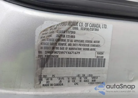 2000 Mercury Grand Marquis Ls z USA, uszkodzony, nr VIN 2MEFM75W7YX671679